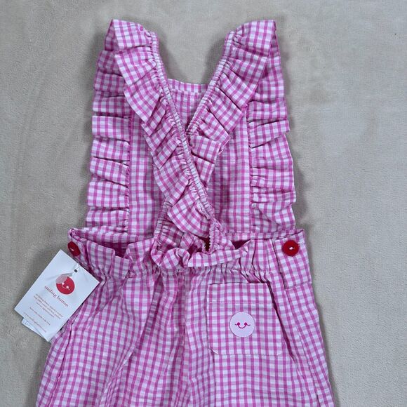 Smiling Button Kids 4 Flutterall Romper Pink White Gingham Seersucker Ruffle New - Picture 7 of 9